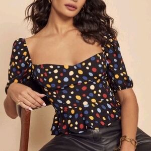 Reformation Aimee Black Fiesta Polka Dot Peplum Top Size 4